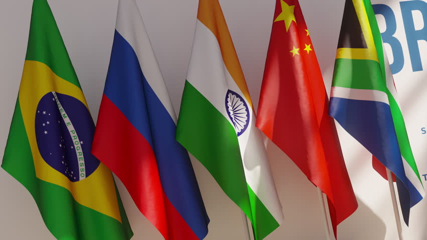 BRICS summit or meeting concept. Row from flags of all members of BRICS list of countries. 3D Illustration