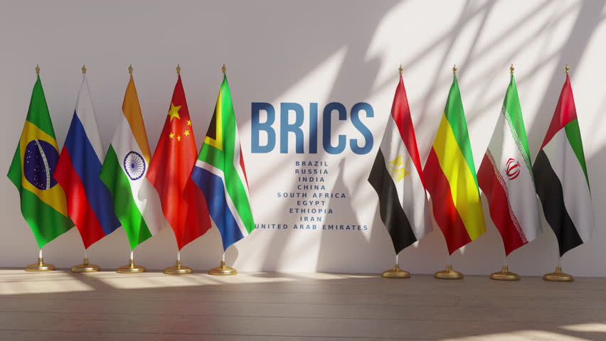 BRICS summit or meeting concept. Row from flags of all members of BRICS list of countries. 3D Illustration