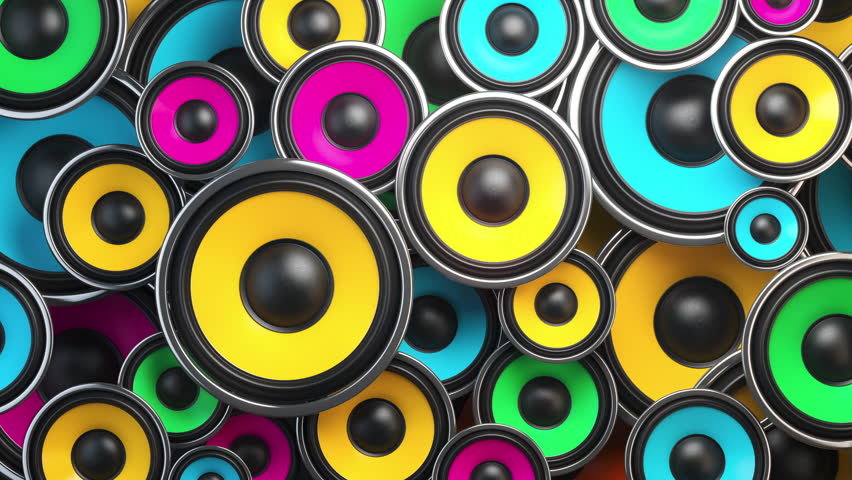 Subwoofer audio speakers of various colors playing loud sound. 3d animation. 3D Illustration