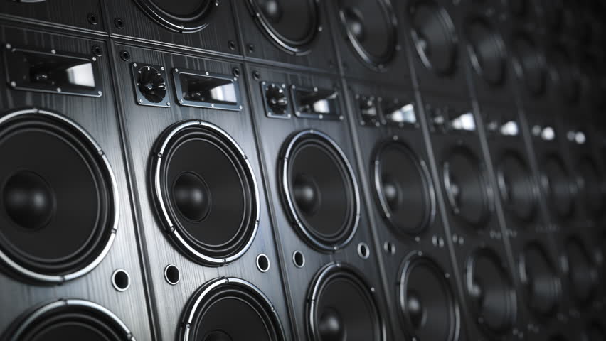 Studio subwoofer audio speakers playing loud sound. 3d animation. 3D Illustration