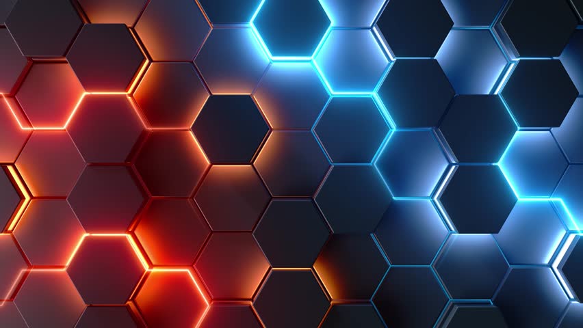 3d render hexagons mosaic abstract background. Bright neon motion texture over hexagonal surface. Futuristic pattern for technology concept. Seamless loop.