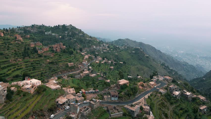 Aerial video of the agricultural terraces on Jabal Sabir in Taiz. The beauty of Yemen. Yemeni tourism.
