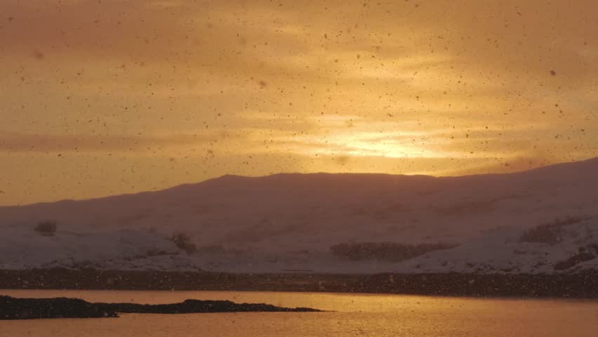 Drone captures the sun setting over Motovsky Bay, casting warm hues across the icy waters and snow-covered terrain of the Russian Arctic.