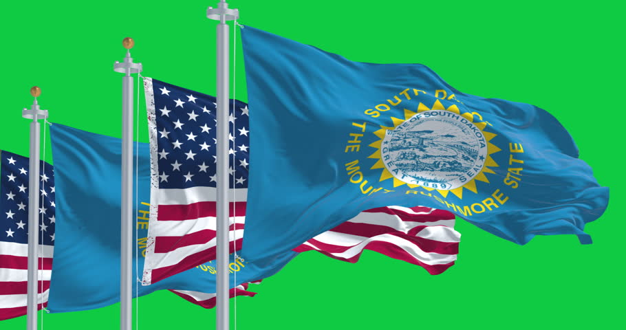 South Dakota and United States flags waving isolated on green background. Seamless 3D render animation. Chroma key. Slow motion loop. Green screen. 4K. Selective focus