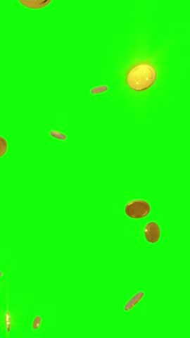animated gold coins falling green screen vertical video 4k for video editing