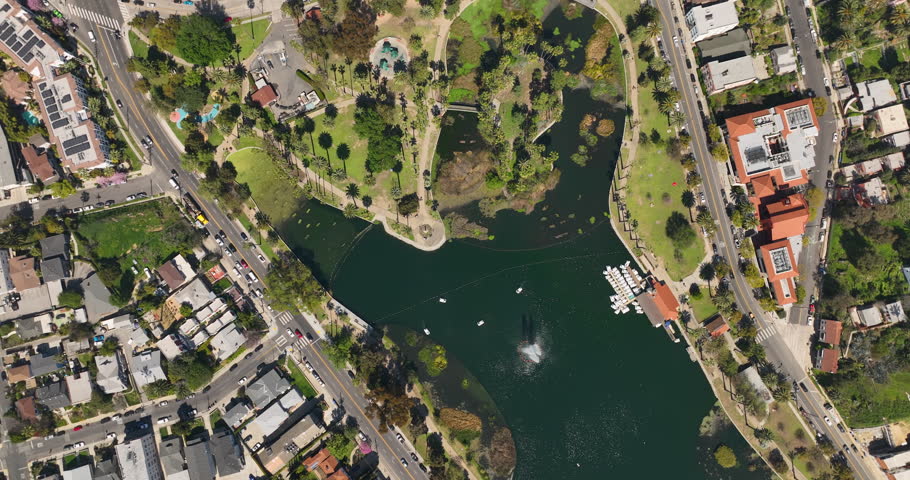Los Angeles high angle top view of Echo Park, famous city landmark	