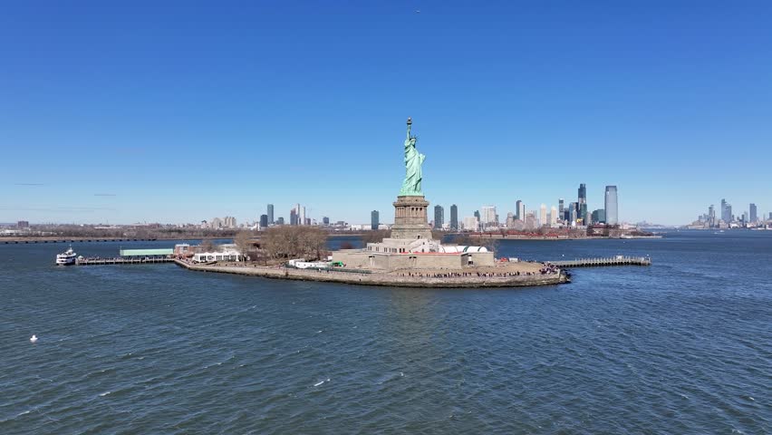 Statue Of Liberty At Manhattan New York United States. Aerial Landscape Of Famous Statue In A Natural Scenery. Business Sky Background Downtown Cityscape. Business Panorama. Manhattan New York.