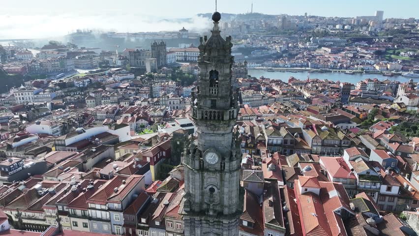 Clerigos Tower At Porto District Of Porto Portugal. Breathtaking Aerial View Of Famous Church In The City. Town Sky Backgrounds Urban. Town Panorama. Porto District of Porto.