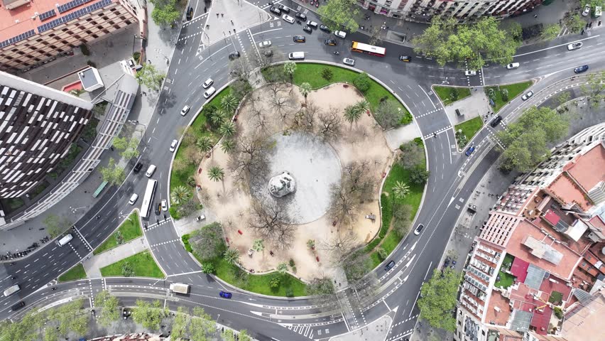 Scenic Roundabout At Barcelona Catalonia Spain. Birds Eye View Of Stunning Cityscape With Streets And Buildings. Business Clouds Sky Downtown Cityscape. Backgrounds Panorama. Barcelona Catalonia.