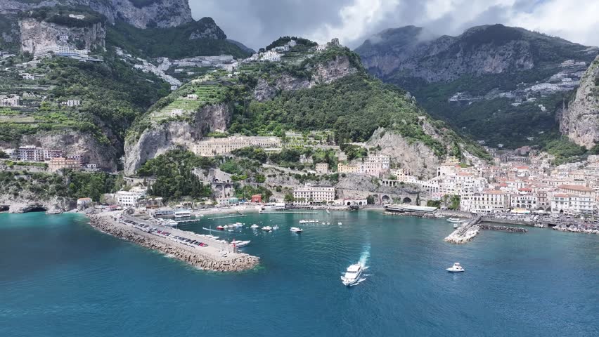 Amalfi Coast At Amalfi Salerno Italy. Breathtaking Aerial View Of A Lush Tropical Coastline Scenery. Coast Sky Seaside Summertime. Coast Outside Panorama. Amalfi Salerno.