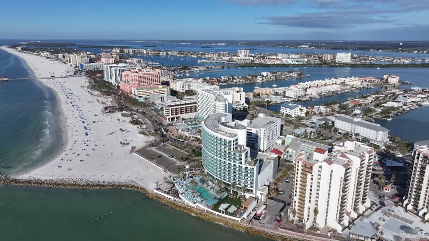 Clearwater Skyline At Clearwater Florida United States. Stunning Tropical Coastline Beach Scene Viewed From Above. Holiday Skyline Recreation Stunning. Holiday Waterfront Shore. Clearwater Florida.