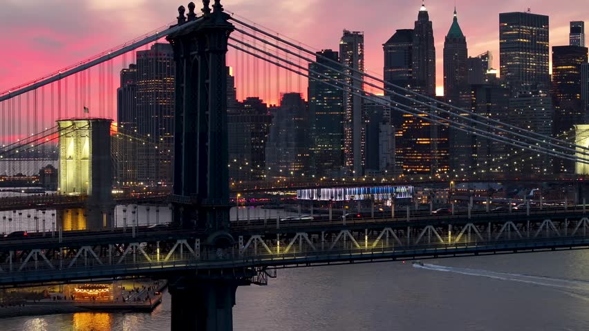 Sunset Brooklyn Bridge At Manhattan New York United States. Breathtaking Aerial View Of Busy Traffic In A Freeway Road. Building Metropolitan Skyline Company Building Awesome.