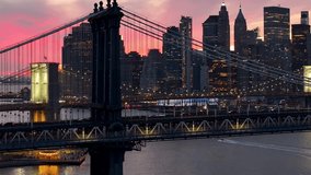 Sunset Brooklyn Bridge At Manhattan New York United States. Breathtaking Aerial View Of Busy Traffic In A Freeway Road. Building Metropolitan Skyline Company Building Awesome. - Powered by Shutterstock - Get 15% off with code: PIKWIZARD15