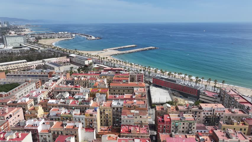 Barceloneta Beach At Barcelona Barcelona Province Spain. Bustling Downtown Cityscape With Modern Buildings. Paradise Island Skyline Season Beauty. Season Waterfront Shore.