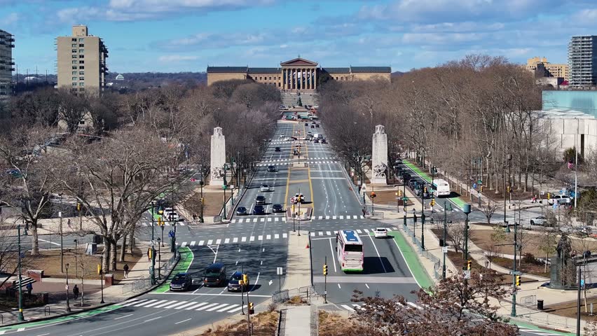 Philadelphia Museum Of Art At Philadelphia Pennsylvania United States. Aerial View Of A Bustling Downtown Cityscape With Modern Buildings. Town Sky Clouds Backgrounds Urban.