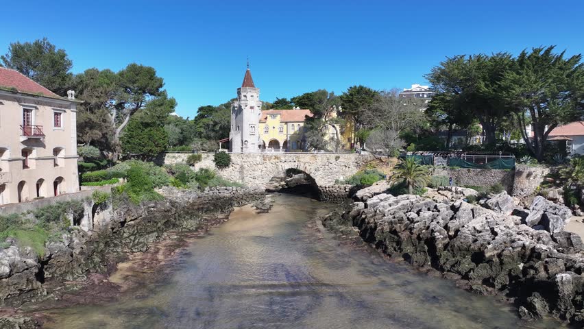 Cascais Skyline At Cascais Lisbon District Portugal. Turquoise Ocean Waves Gently Crashing On Tropical Beach. Coast Sky Seaside Summertime. Coast Outside Panorama. Cascais Lisbon District.
