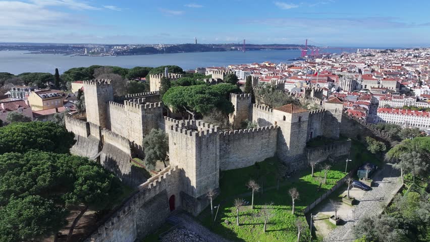 Sao Jorge Castle At Lisbon Lisbon District Portugal. Medieval Building In A Bustling City Viewed From Above. Metropole Skyline Panoramic City View Awesome. Panoramic City View Architecture Business.