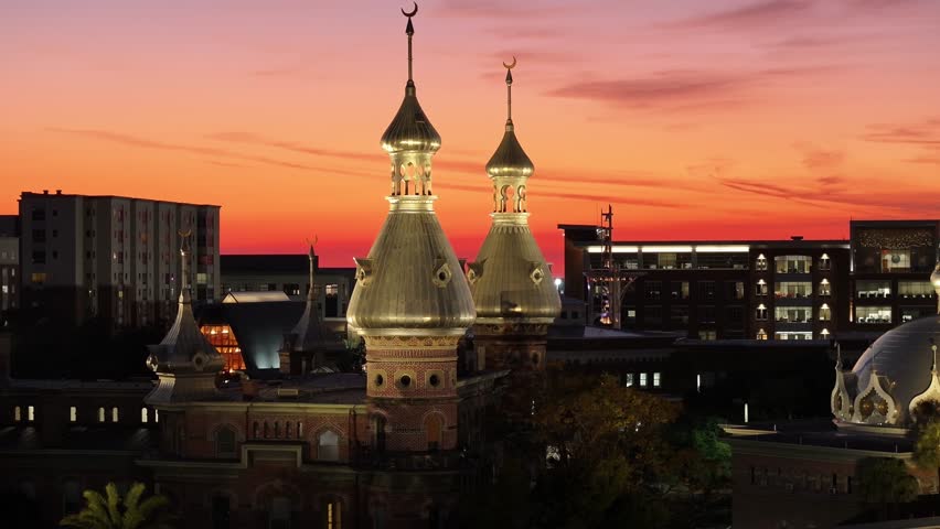 Sunset Henry Plant Museum At Tampa Florida United States. Highrise Building Dominating The Skyline Of The Downtown. Building Illumination Urban. Town Outdoor Famous. Tampa Florida.