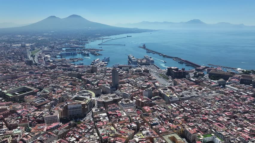 Naples Skyline At Naples Campania Italy. Turquoise Ocean Waves Gently Crashing On Tropical Beach. Industrial Skyline Skyscrapers Beautiful. Industrial Cityscape. Naples Campania.