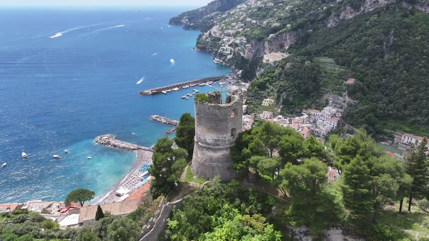 Amalfi Coast At Amalfi Salerno Italy. Turquoise Ocean Waves Gently Crashing On Tropical Beach. Coast Clouds Sky Seaside Summertime. Coast International Beach Panoramic. Amalfi Salerno.