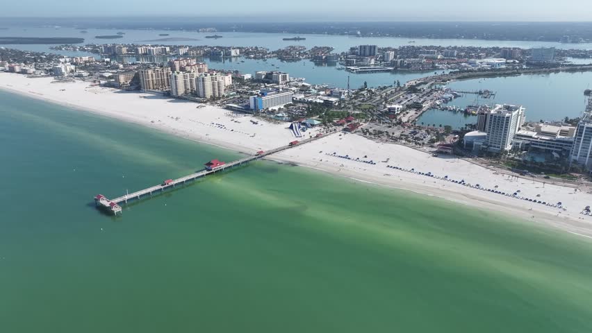Pier 60 At Clearwater Florida United States. Stunning Tropical Coastline Beach Scene Viewed From Above. Shore Clouds Sky Beach Sea. Shore Travel. Clearwater Florida.
