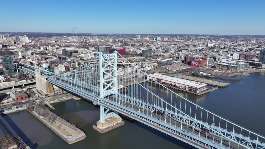 Cable Bridge At Philadelphia Pennsylvania United States. Traffic Is Moving Across A Modern Cable-Stayed Bridge. Business Sky Background Downtown Cityscape. Business Downtown Panoramic City.