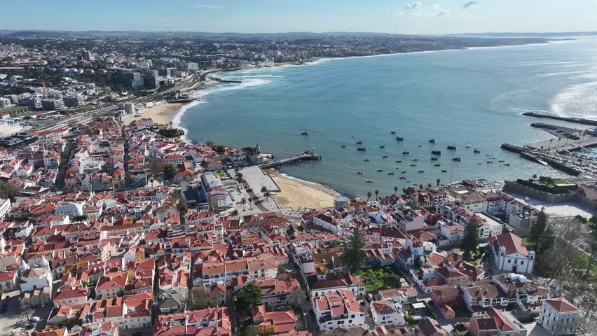 Cascais Skyline At Cascais District Of Lisbon Portugal. Birds Eye View Of Stunning Cityscape With Streets And Buildings. Holiday Landscape Peaceful Stunning. Holiday Coast.