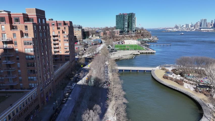Sinatra Park At Jersey City New Jersey United States. Bird Eye View Of Stunning Iconic Recreational Park Of The City. Industry Landscape Commercial Building Busy. Urban Commercial Building Town.