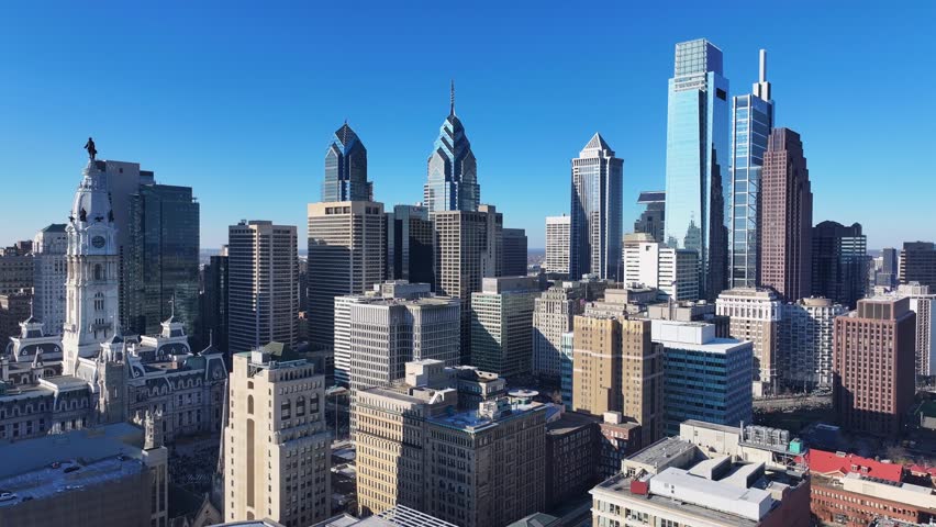 Downtown Philadelphia At Philadelphia Pennsylvania United States. City Skyline Showing Modern And Traditional Architecture. Metropole Landscape Panoramic City View Busy. Metropole Urban.