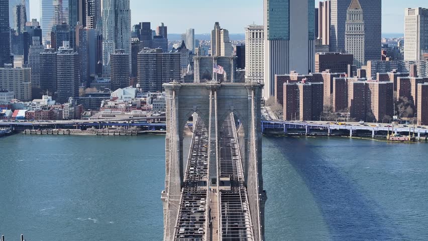 Brooklyn Bridge At Manhattan New York United States. Elevated Road Bridge Symbol Of The City Viewed From Above. Industrial Skyline High Rise Building Stunning. Industrial Flyover Business.