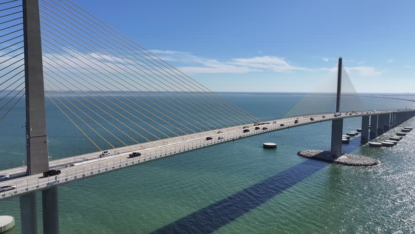 Sunshine Skyway Bridge At Saint Petersburg Florida United States. Urban Life Landscape Of Freeway Road Connecting City Streets. Shore Clouds Sky Beach Sea. Seaside Panoramic.