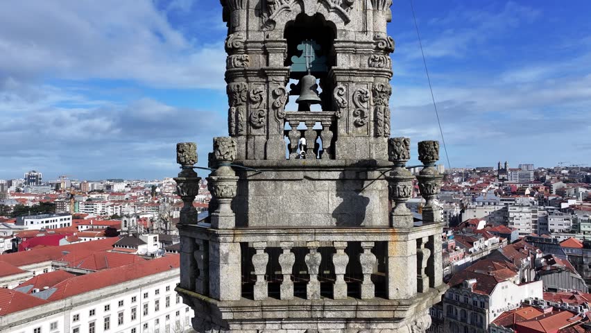 Clerigos Tower At Porto District Of Porto Portugal. Bird Eye View Of Church Standing Tall Amidst Beautiful Scenery. Business Clouds Sky Downtown Cityscape. Outdoor Downtown Famous.
