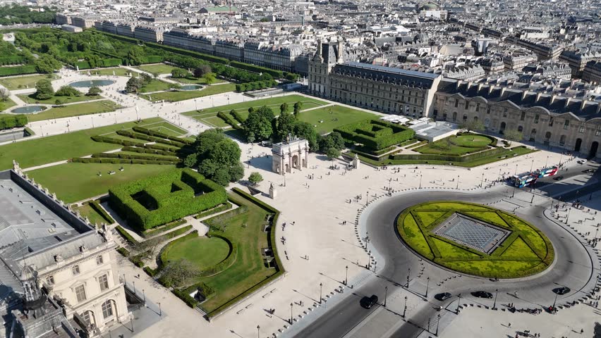 Paris Skyline At Paris Ile De France France. Drone Captures A Garden With Sidewalks Surrounded By Lush Trees. Town Sky Clouds Backgrounds Urban. Backgrounds Downtown Panoramic. Paris ile de france.