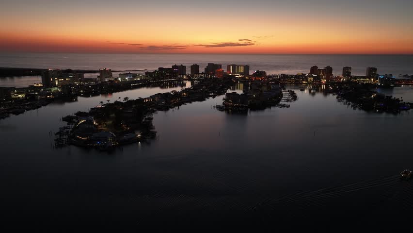 Sunset Skyline At Clearwater Florida United States. Aerial View Of Stunning Beach With Crystal Clear Waters. Building Town Clouds Sky Illumination Downtown Up Above. Clearwater Florida.