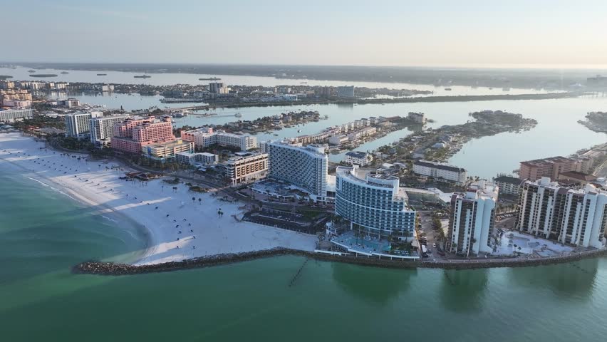 Clearwater Beach At Clearwater Florida United States. Bustling Downtown Cityscape With Modern Buildings. Sunset Coast Clouds City Seaside. Coast City. Clearwater Florida.
