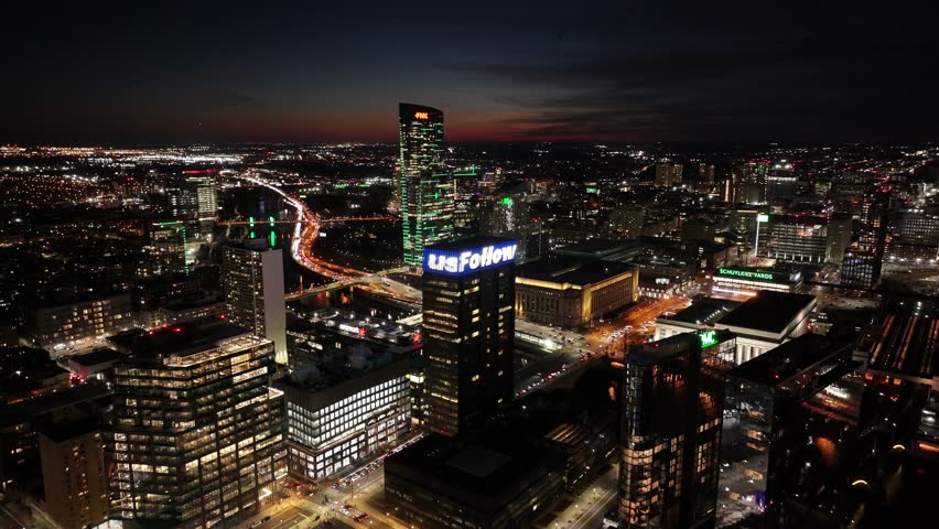 Philadelphia, Pennsylvania, United States - 5.18.2025 - Downtown Philadelphia At Philadelphia In Pennsylvania United States. Night Skyline. Aerial View Of A High-Rise Buildings And Traffic Showcasing