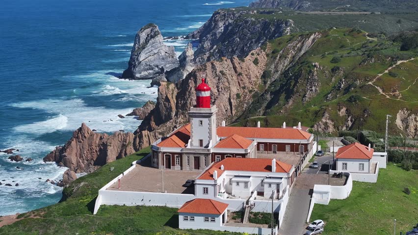 Roca Cape At Sintra Lisbon District Portugal. Aerial View Of A Bustling Ligthhouse In A Coast City. Shore Sky Beach Sea. Outdoor Beach Panorama. Sintra Lisbon District.