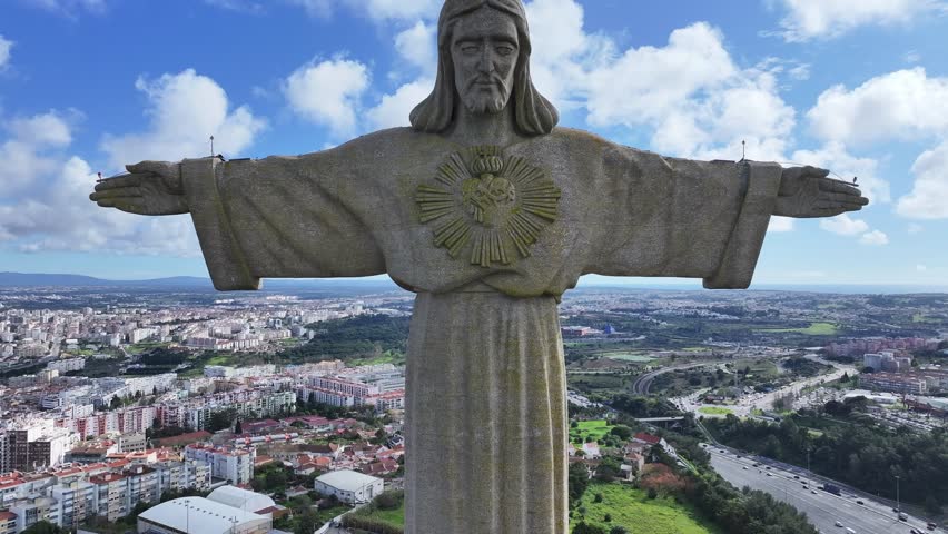 Christ The King At Lisbon Lisbon District Portugal. Aerial Landscape Of Famous Statue In A Natural Scenery. Metropole Landscape Company Building Beautiful. Company Building. Lisbon Lisbon District.