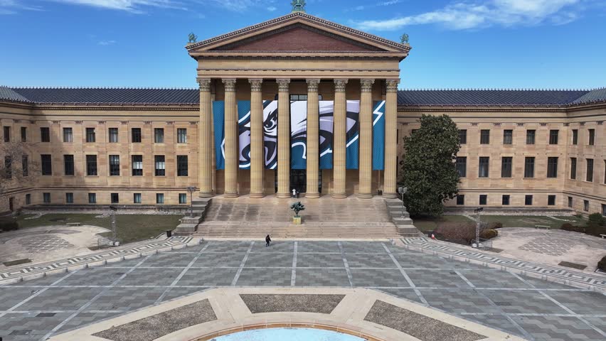 Philadelphia, Pennsylvania, United States - 5.18.2025 - Philadelphia Museum Of Art At Philadelphia In Pennsylvania United States. Sunny Day. Birds Eye View Of Medieval Building In Famous District Of C