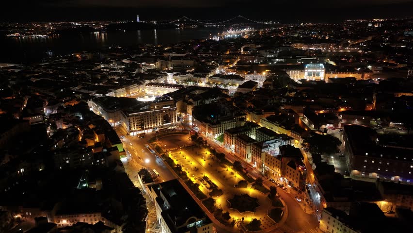 Night Lisbon Skyline At Lisbon Lisbon District Portugal. Birds Eye View Of Stunning Cityscape With Streets And Buildings. Building Illuminated Urban. Town Panorama. City Landmark.