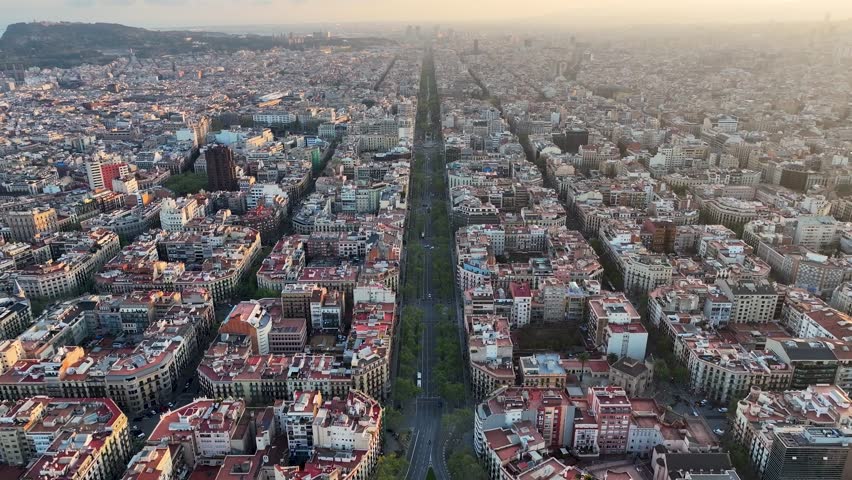 Sunset Barcelona Skyline At Barcelona Community Of Catalonia Spain. Birds Eye View Of Stunning Cityscape With Streets And Buildings. Building Metropolitan Skyline Company Building Awesome.