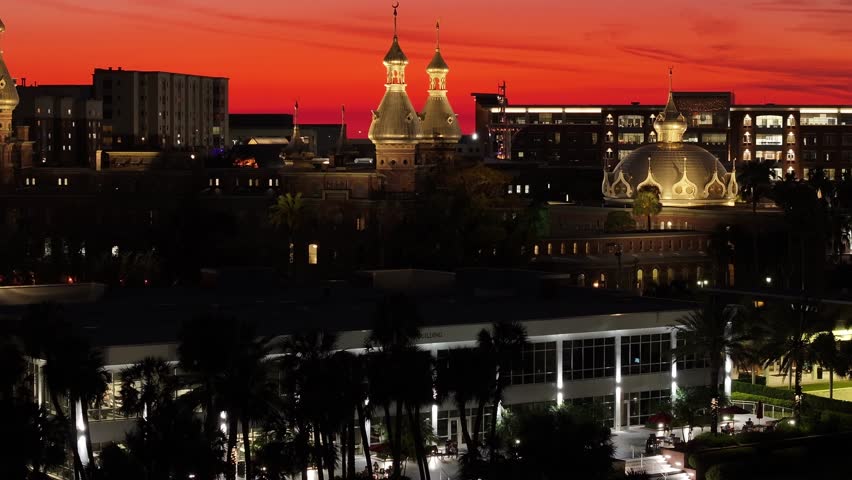 Sunset University Of Tampa At Tampa Florida United States. Amazing Skysrapers And Traffic On Street Viewed From Above. Building Town Clouds Sky Illumination Urban. Town Illumination. Tampa Florida.