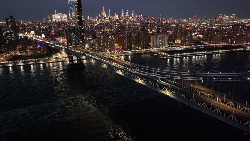 Manhattan Bridge At Brooklyn New York United States. Highway Interchange Crossing City With Traffic Jam. Night Avenue Downtown Cityscape. Night Panoramic. Night Cities Of The World. Brooklyn New York.