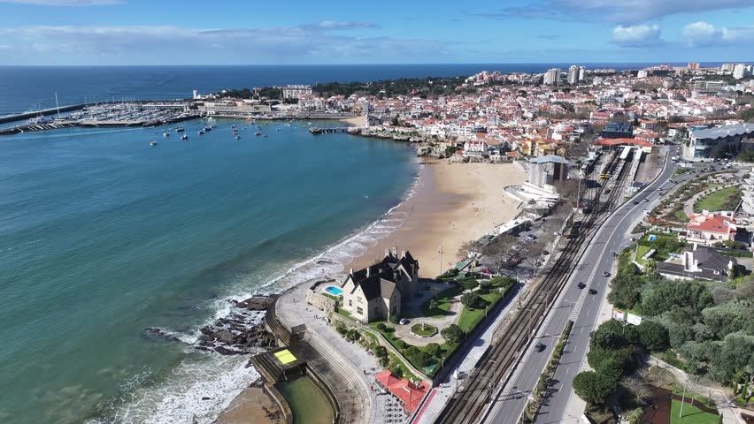 Cascais Skyline At Cascais Lisbon District Portugal. Stunning Tropical Coastline Beach Scene Viewed From Above. Business Clouds Sky Downtown Cityscape. Backgrounds Panorama. Cascais Lisbon District.