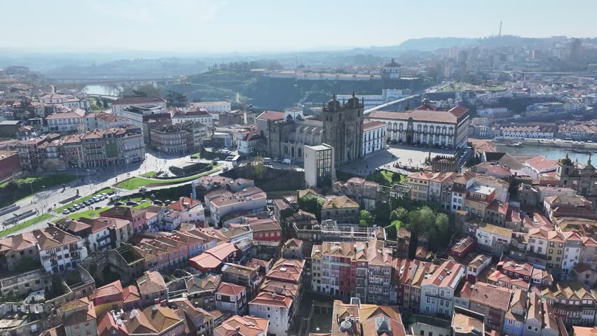Cathedral Church At Porto District Of Porto Portugal. Breathtaking Aerial View Of Famous Church In The City. Sunset Sky Downtown Cityscape. Sunset Outdoors Panoramic City. Porto District of Porto.