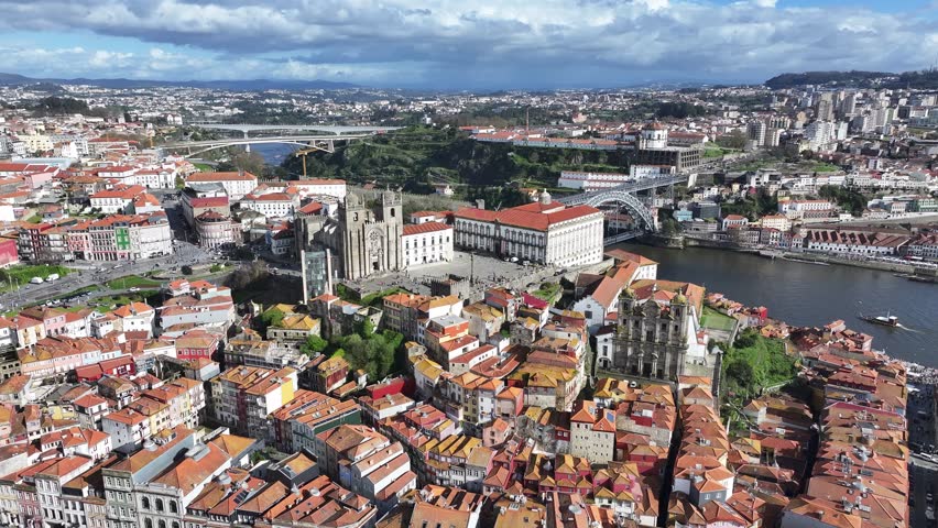 Porto Skyline At Porto Portugal. Amazing Skysrapers And Traffic On Street Viewed From Above. Town Sky Backgrounds Urban. Town Outdoor Downtown Famous. Porto Porto District.