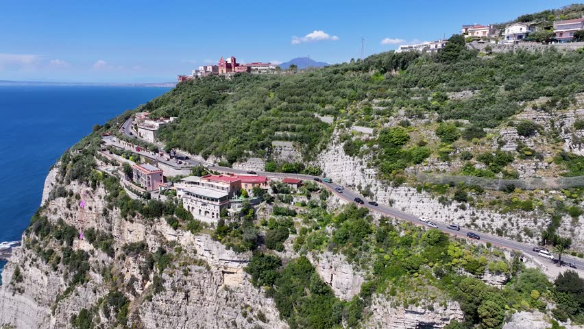 Sorrento Skyline At Naples Campania Italy. Birds Eye View Of Stunning Cityscape With Streets And Buildings. Coast Sky Clouds Seaside Summertime. Seaside Beach Tropical Environment. Naples Campania.