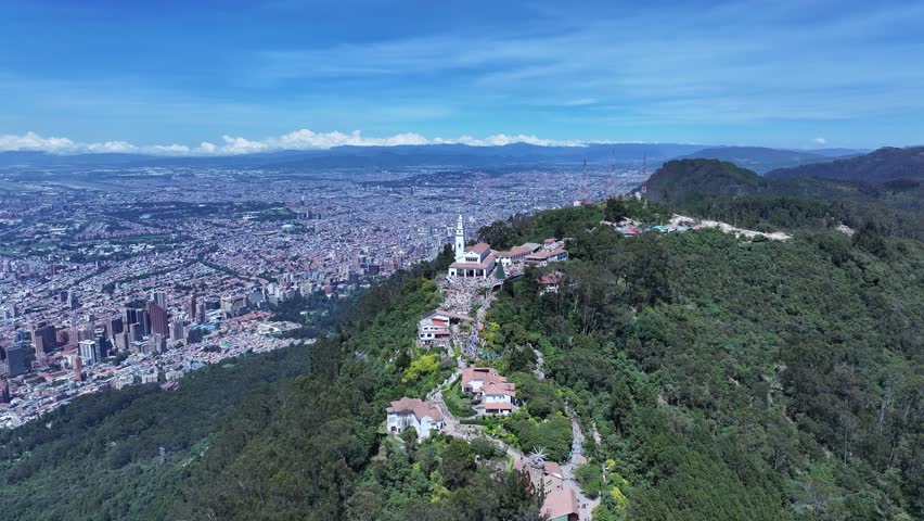 Monserrate Sanctuary At Bogota Cundinamarca Colombia. Breathtaking Aerial View Of Famous Church In The City. Town Sky Clouds Backgrounds Urban. Backgrounds Downtown Panoramic. Bogota Cundinamarca.