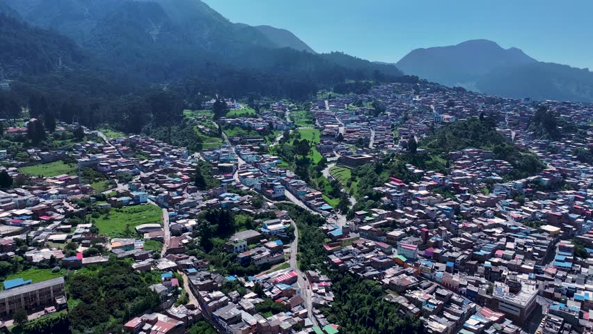 Bogota Skyline At Bogota District Capital Colombia. Amazing Skysrapers And Traffic On Street Viewed From Above. Industrial Landscape Panoramic City View Awesome. Industrial Flyover Town.