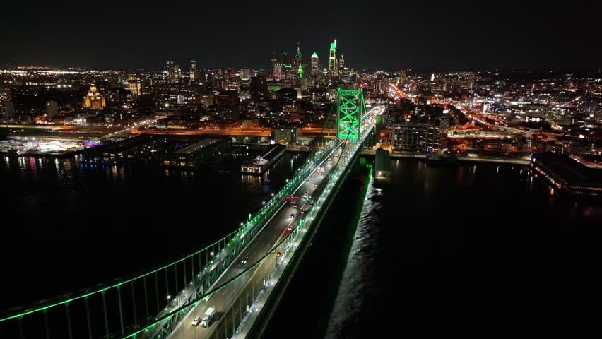 Night Cable Bridge At Philadelphia Pennsylvania United States. Highway Interchange Crossing City With Traffic Jam. Building Landscape Company Building Amazing.